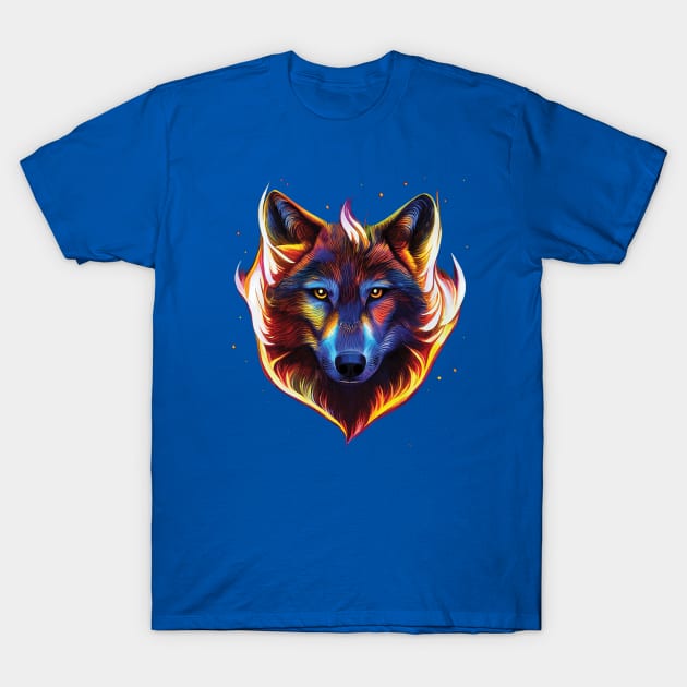 Flaming wolf pattern. Bold Striking Image on a black or blue background T-Shirt by Geminiartstudio